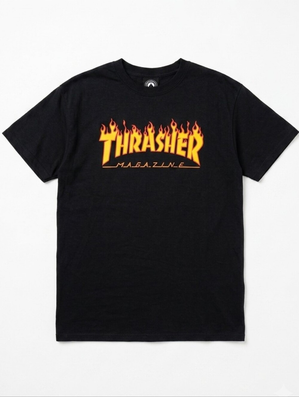 Thrasher Black Tee with Yellow-Orange Flame Logo